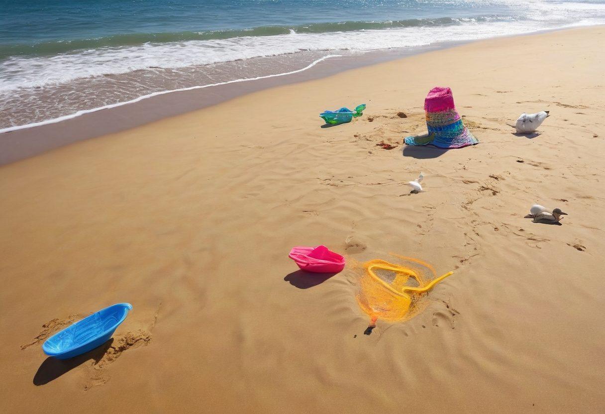 A lively beach scene featuring a family building sandcastles and playing in the waves, with colorful swimwear and beach toys scattered around. Capture the joy and confidence of parents and children, with sun hats and sunglasses reflecting the sun's rays. Include a bright blue sky with fluffy clouds and seagulls overhead. super-realistic. vibrant colors. cheerful atmosphere.